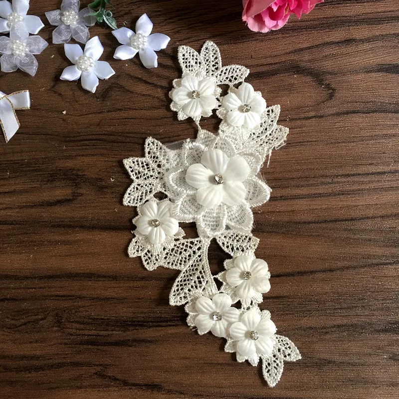 Rhinestones lace appliques 3d satin petal wedding lace flowers