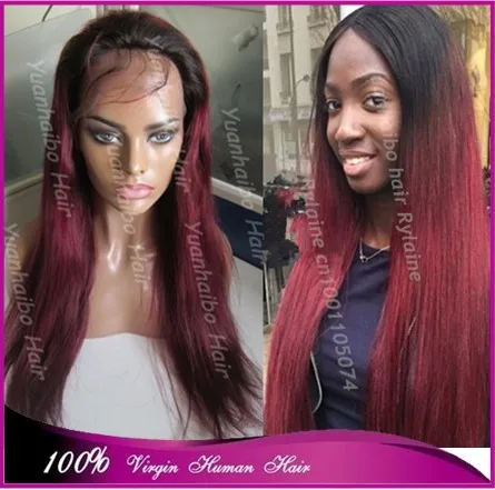 

7a grade quality 1bT99j# burgundy hair wig malaysian remy hair silky straight ombre front lace wig free shipping