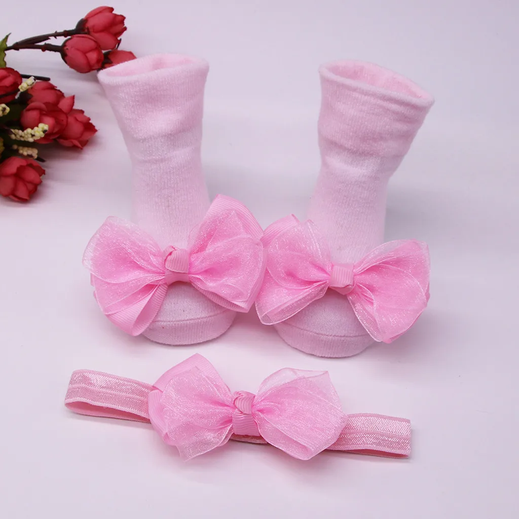 Детские носки, новая горячая распродажа, милые носки для малышей+ 1 шт., пояс для волос, Нескользящие однотонные носки с бантом для маленьких девочек, для детей,# N14