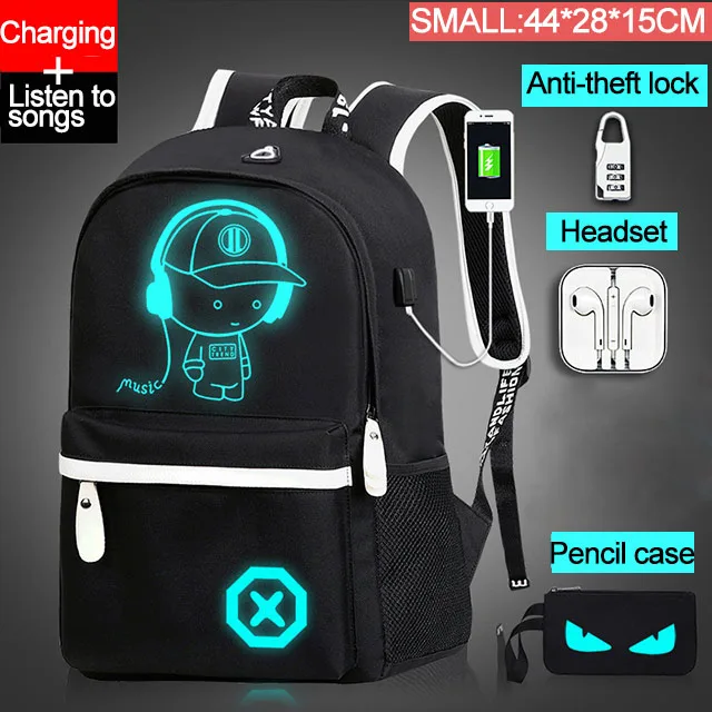 Детский Школьный рюкзак для мальчиков-подростков, аниме светящийся Школьный рюкзак, Детская водонепроницаемая сумка для книг, usb зарядка, школьный рюкзак, подарок - Цвет: Music boy-S-3PCS