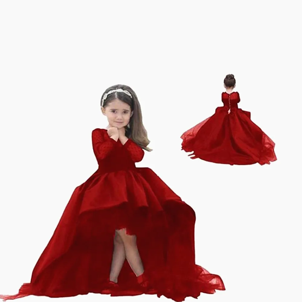 Кружевные платья с длинными рукавами для девочек, держащих букет невесты на свадьбе, винтажные Детские пышные платья для маленьких девочек, платье для причастия - Цвет: Красный