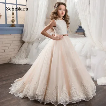 Fancy Champagne Flower Girl Dress Long Length Girls Dresses Tulle Ball Gowns Kids First Holy Communion Dresses For Girls little girls dress with short sleeves mesh kids ball gowns pink bow vestido nina long children fancy dress for girls 2 12 years
