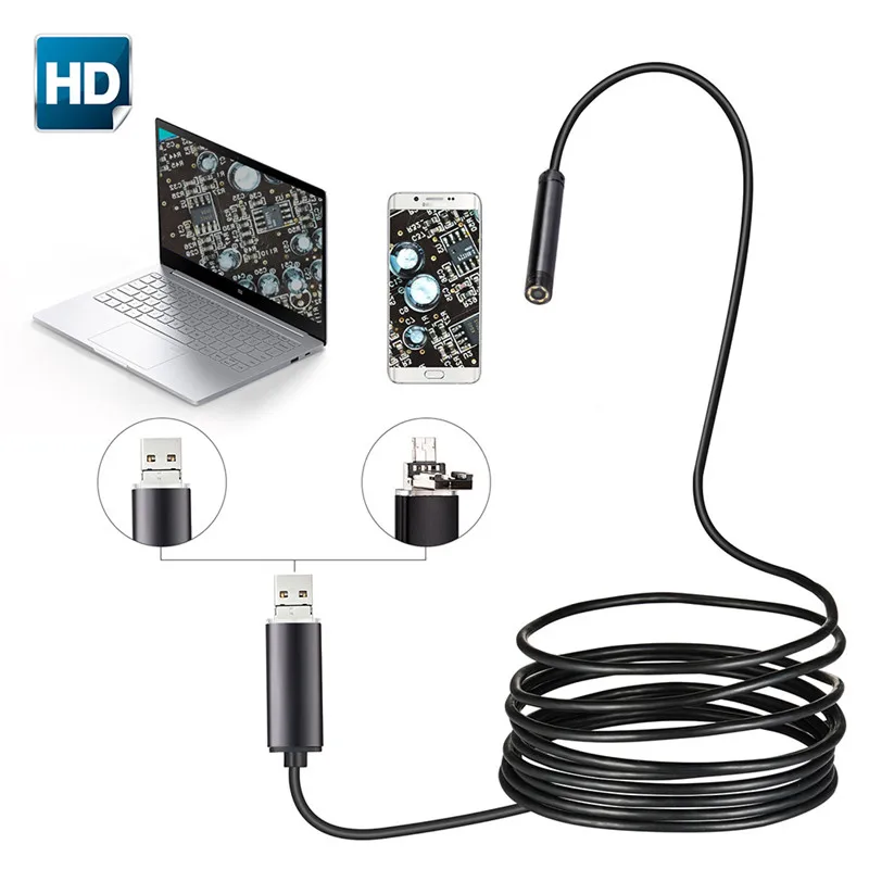 7 мм 2 в 1 USB эндоскоп 480P HD Snake Tube и Android Borescope USB Endoscopio инспекционная микро камера для ПК смартфона