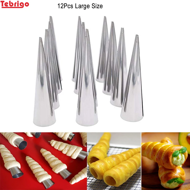 Tebrigo Set of 12 Large Size Stainless Steel Pastry Cream Horn Moulds Conical Tube Cone Pastry
