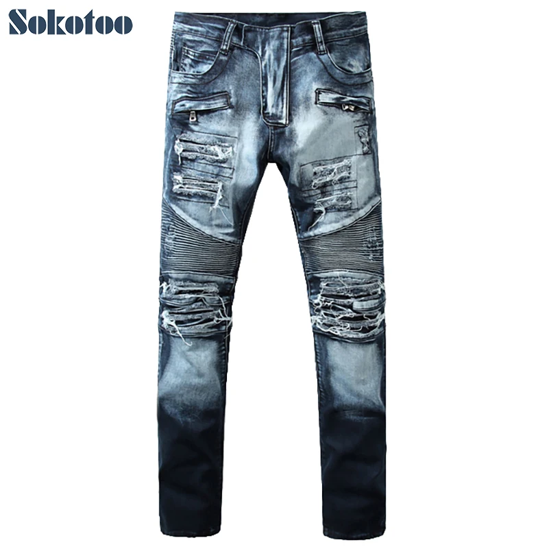 

Special price! Men's holes ripped biker jeans for motorcycle Casual slim fit pleated washed stretch denim pants Size 34