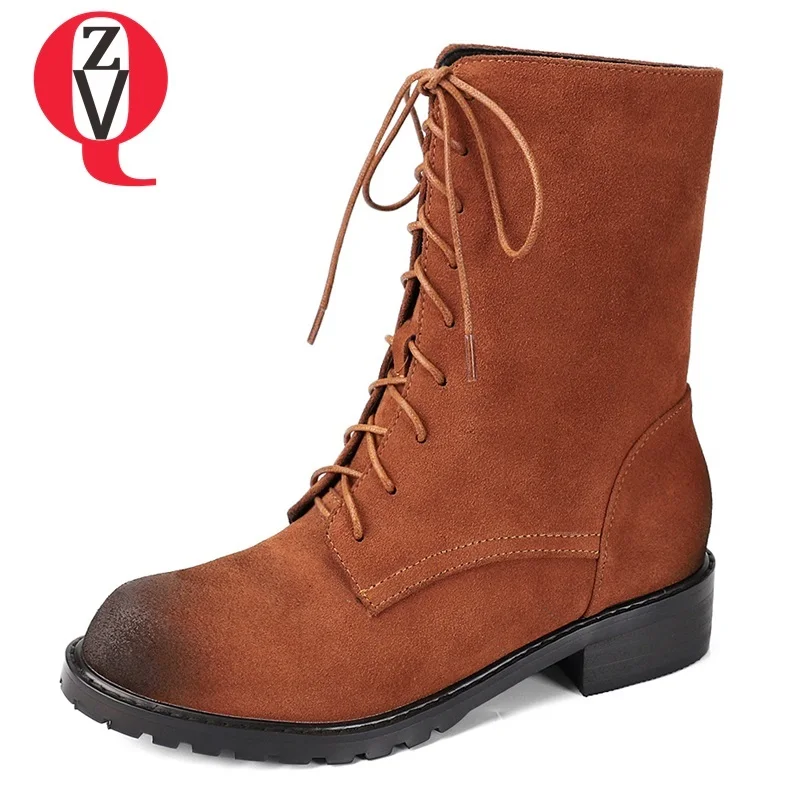 

ZVQ mid calf boots newest popular round toe med square heel cow suede cross-tied lace-up winter warm outside casual ladies shoes
