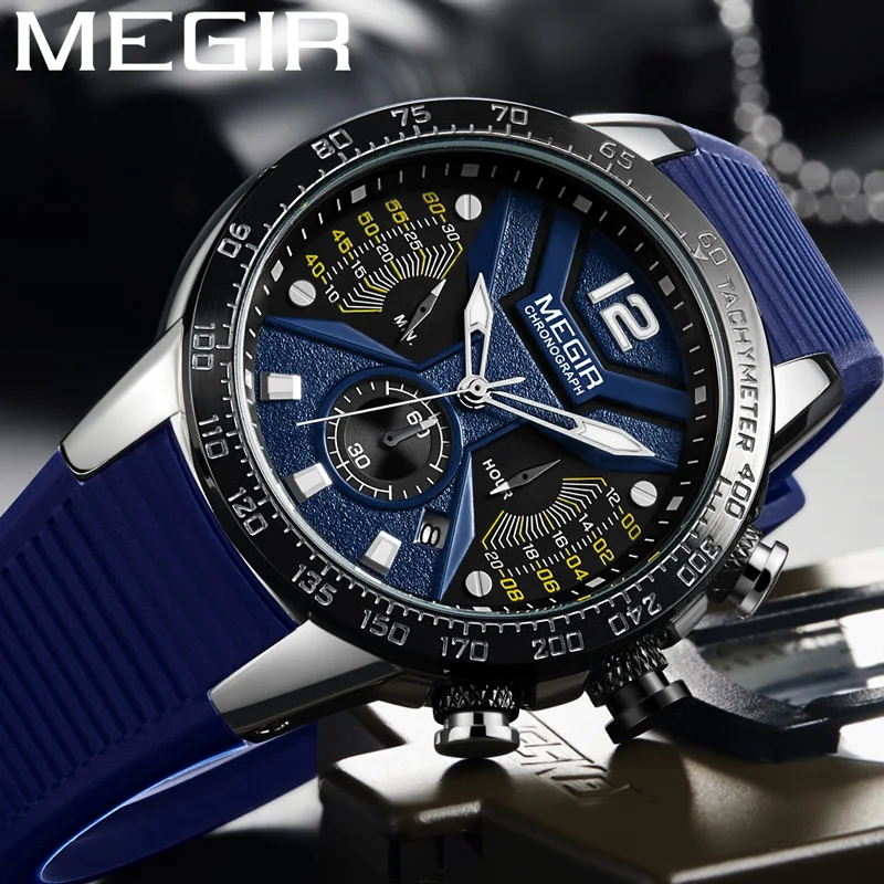 

MEGIR Men Watch Top Brand Luxury Gold Chronograph Wristwatch Date Military Sport Rubber Band Male Clock Relogio Masculino 2106