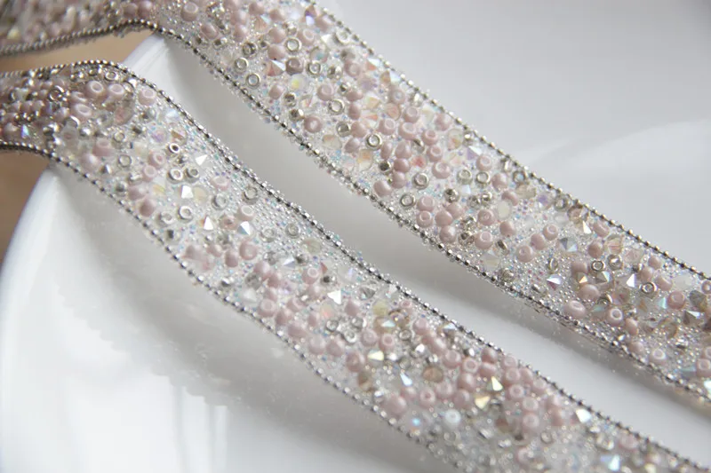 pink Rhinestone Beaded lace trim, rhinestones apliques cristales trim