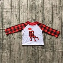 Новые поступления осень/зима Рождество шапочка для малыша динозавр Черный Красный Клетчатый хлопковый Бутик Топ Футболка raglans детская одежда