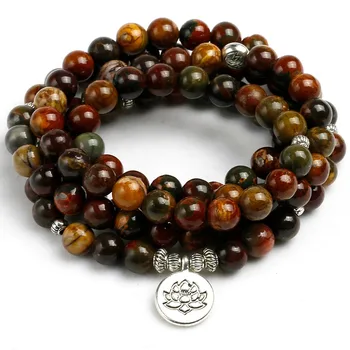 

Natural Stone Picasso Round Loose Red creek Beads Bracelet Necklace 108 Prayer Beaded Women Men Wrapped Wrist OM Buddhist Buddha