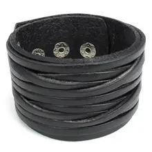 Male female jewelry bracelet wide leather bangle genuine leather push button black