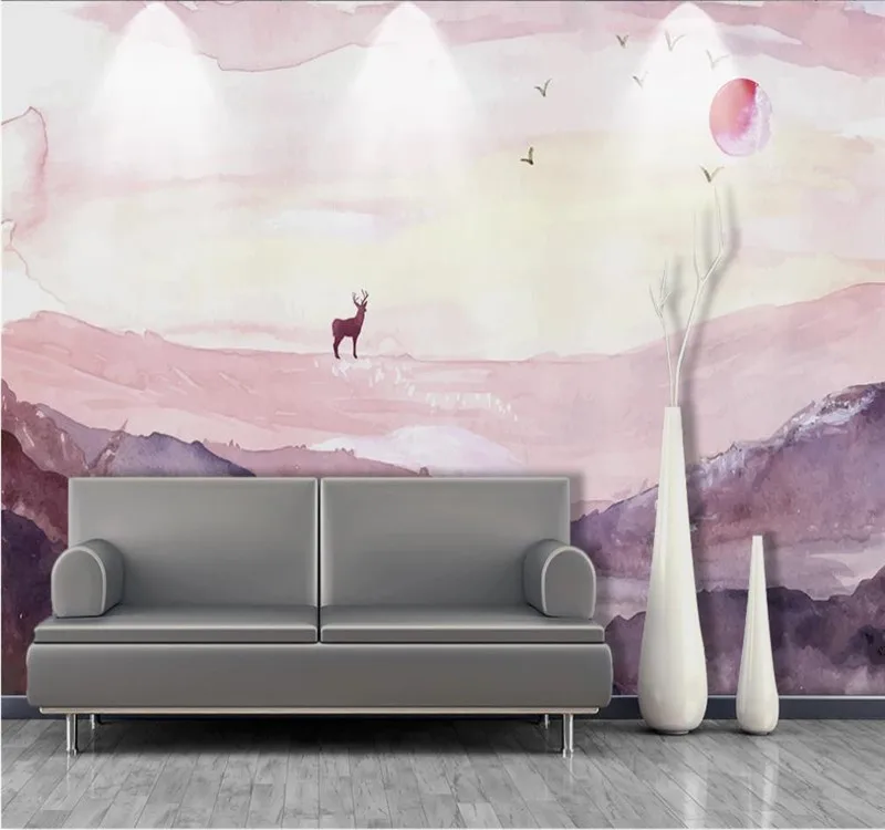 Custom wallpaper hand-painted mountain peak elk chasing the sunset sunset TV background wall decoration waterproof material Custom wallpaper hand-painted mountain peak elk chasing the sunset sunset TV background wall decoration waterproof material