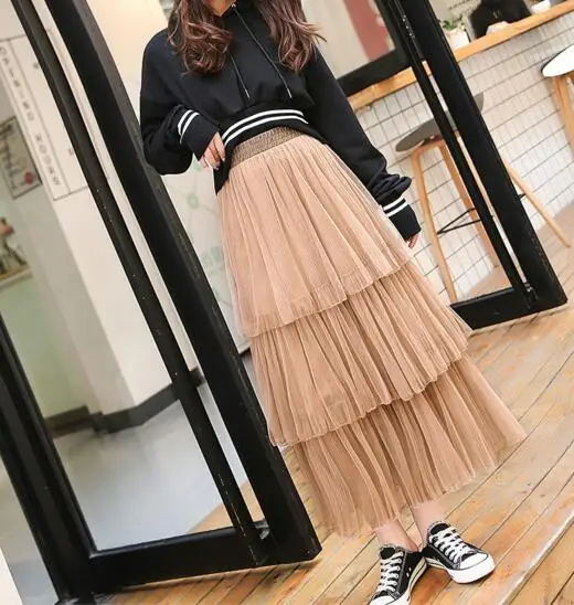 Summer New Sweet Cake Layered Long Mesh Skirts Princess High Waist Ruffled Vintage Tiered Tulle Pleated ins Skirts