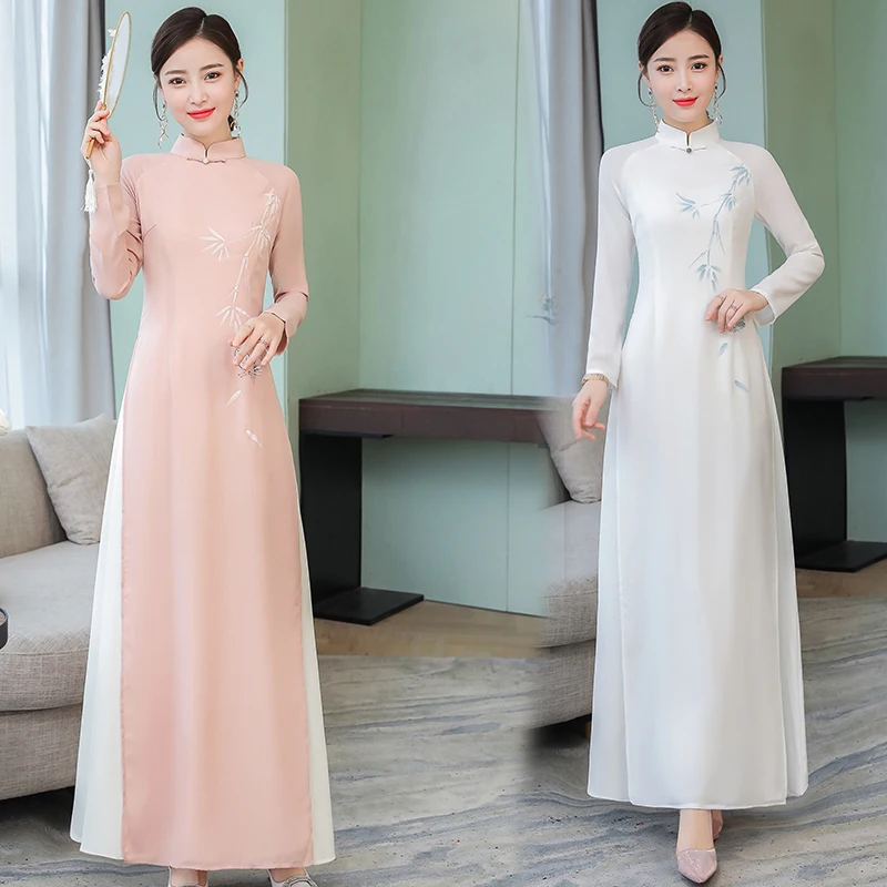 

2019 ao dai chiffon long aodai women vietnam print flower cheongsam vintage mandarin collar elegant vietnam traditional dress