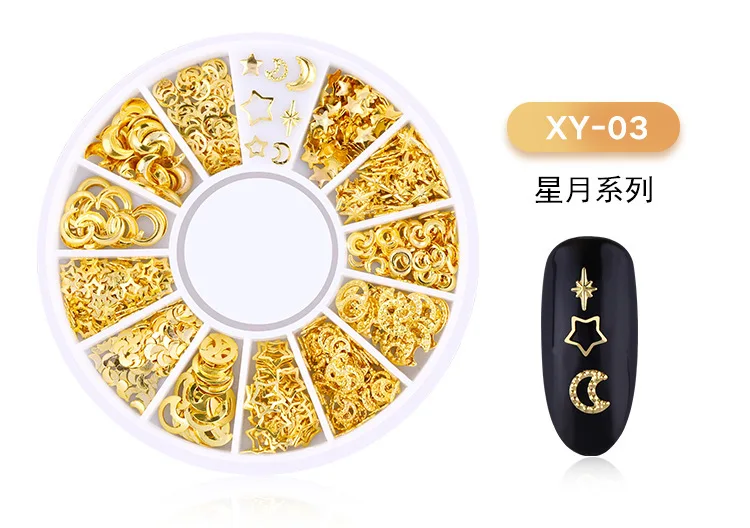17 типов золотые заклепки шипы для ногтей 3D смешанный дизайн сплав металлический ломтик полый Луна Звезда Seashell в колесе для DIY украшения ногтей - Цвет: XY-3