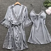 Шелковый халат с нагрудники, Сексуальная кружевная одежда для сна ночнушка, халаты, женский ночной халат, комплект, Ночная одежда для дома, платье для сна