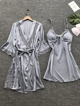 

Silk Robe with Chest Pads Sexy Lace Sleepwear Night Dress Robes Women Nightwear Robe Set Nighty Home Dress Sleeping Dress