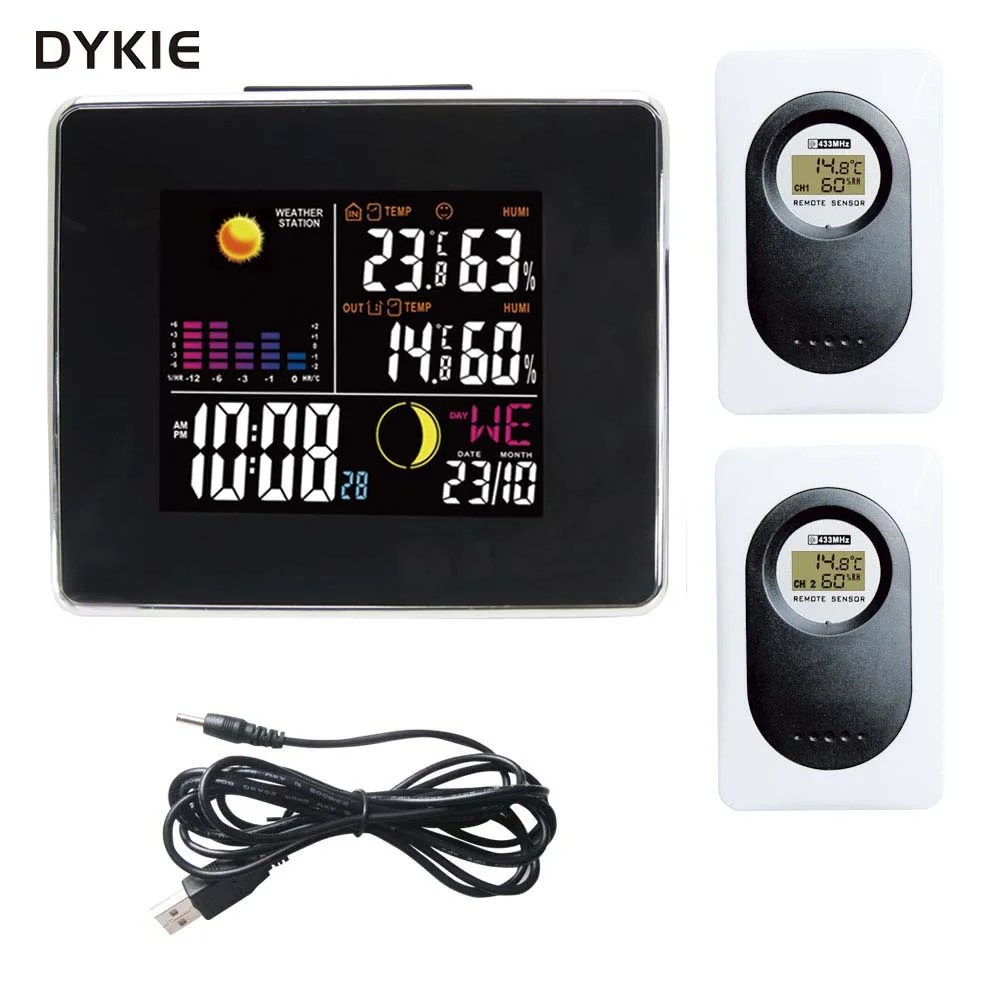 

DYKIE 433MHz RF Wireless Weather Station Black Indoor Outdoor Thermometer Hygrometer Digital Backligh Alarm Clock 2 Transmitters