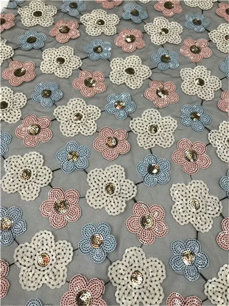 

French Net Lace Fabric 2019 Latest african guipure lace fabric with embroidery mesh tulle colorful Sequins lace fabric
