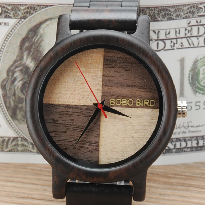 BOBO BIRD N07 Handmade Unique Wood Quartz Men Watch With Ebony Wood band Lightweight For Men Dress Watches With Gift Box