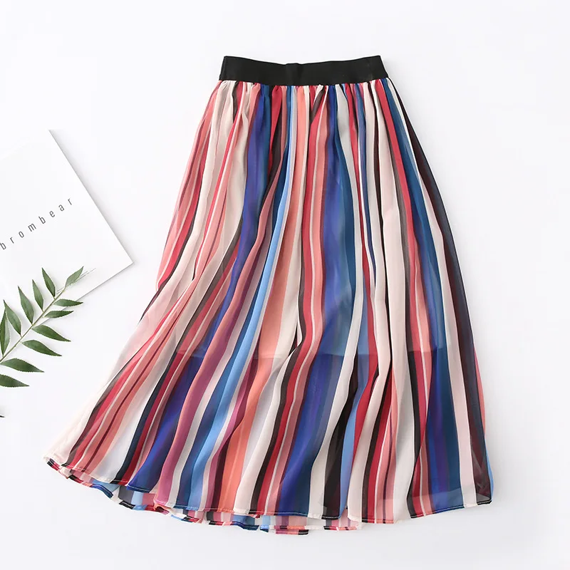 

2019 Colorful Striped Skirts Women Mesh Tulle Skirt Stretch High Waist Long Skirts Female A-Line Pleated Skirts Saias Femme Out