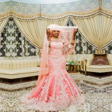 Luxury Coral Mermaid Wedding Dresses Muslim Beaded Lace Hijab Muslin Wedding Dress Bridal Dresses African Wedding Gowns WM42