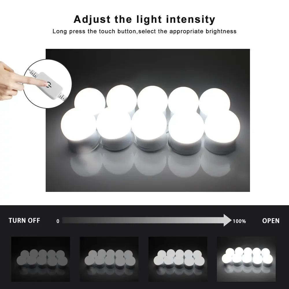 Светодиодный подсветка косметического зеркала комплект, идет хорошо Голливуд Стиль светодиодный зеркало с подсветкой для макияжа 10 светодиодные Диммируемые лампы Комплект USB Powered ST235