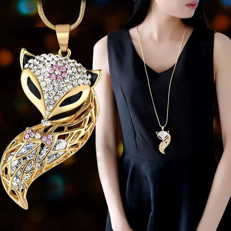 

New Arrival Fox Pendant Necklace Trendy Zinc Alloy Animal Snake Chain Long Necklace Rhinestone Necklaces For Women Jewelry