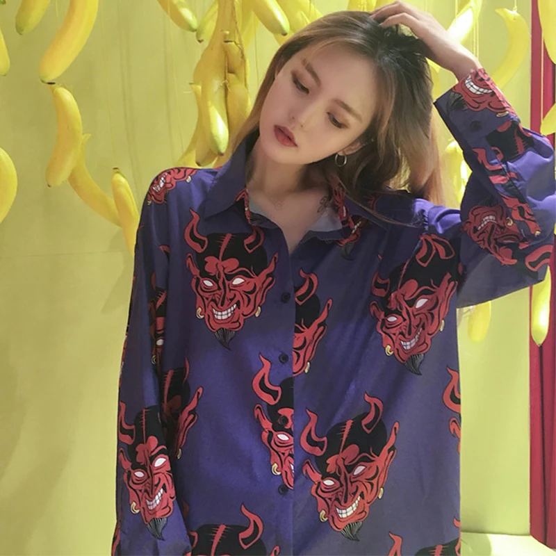 

Vintage Harajuku Summer tops Korea Female ulzzang Casual New Japanese Devil Print Loose Long Sleeve Cartoon Hip Hop Shirt