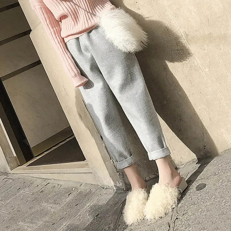 

2017 Korean Style Autumn Winter Harem Pants Women Woolen Thick Casual Pants Black Trousers High Waist Female Loose Pencil Pant