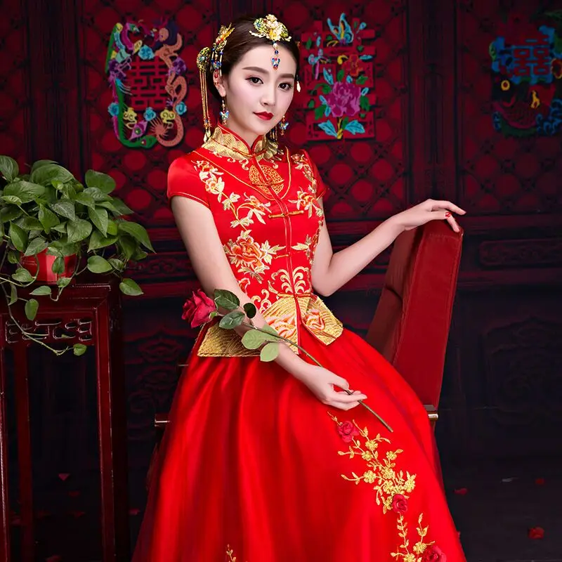 Китайский стиль звезды Свадебные шоу вышивка cheongsam платье халат одежда луговой дракон платье вечернее платье noiva Qipao Vestido