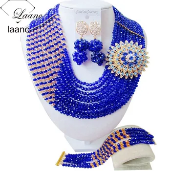 

Best Selling! Royal Blue Gold Champagne Crystal Beads Costume Jewelry Sets Nigerian wedding african beads jewelry set AAC343