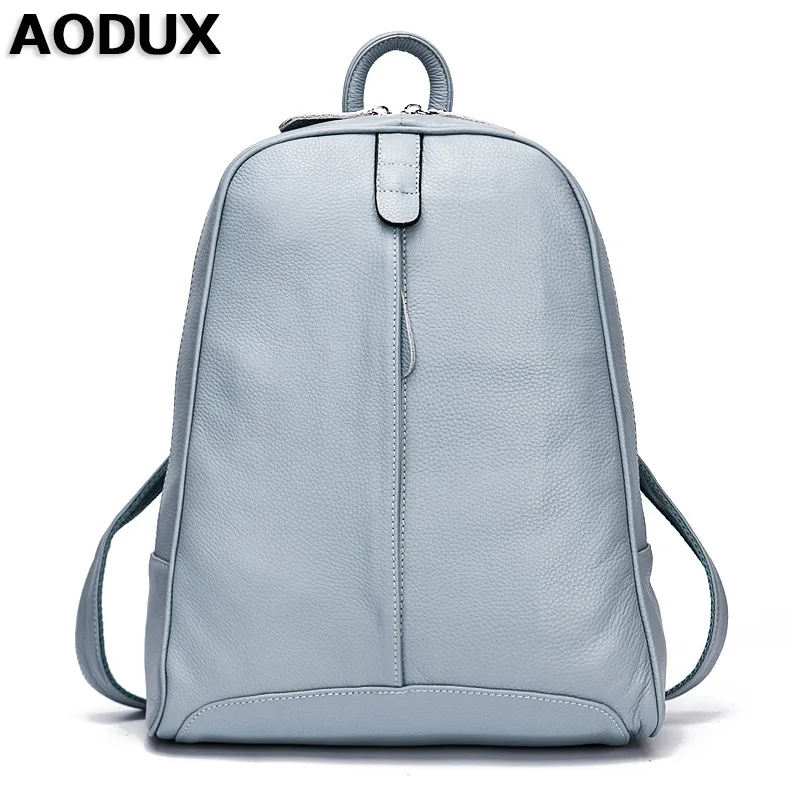 Superior de Couro Aodux Couro Genuíno Mochila Feminina Camada Vaca Mochilas Escolares Bolsa Azul Claro – Cinza Rosa Branco Bege Cor 100%