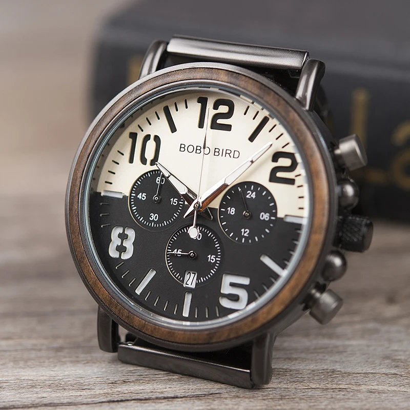 BOBO BIRD Men Watch Wood Chronograph Watches for Man Luxury Design Metal Wooden Idea Gifts Custom Clock Dropshipping C-nR25