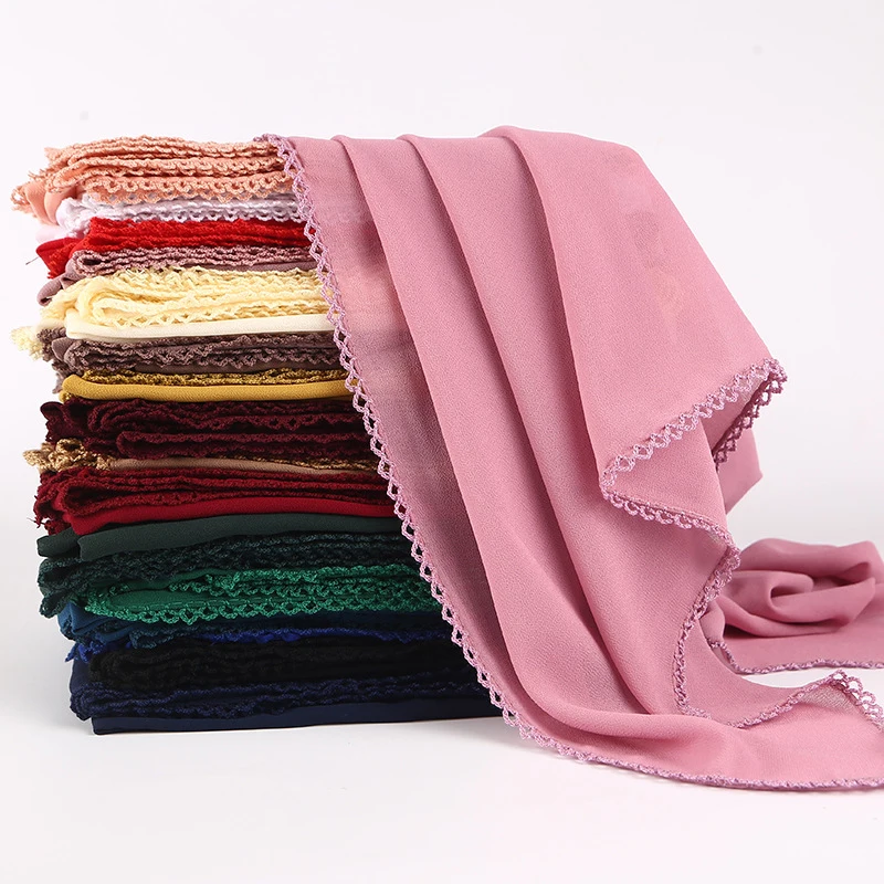 

Women Lace Flower Edges Plain Chiffon Scarves Muslim Chiffon Hijabs Islamic Head Scarf Wraps Foulard Long Shawls Headscarf