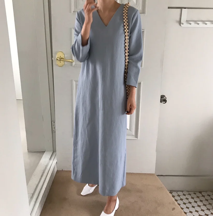 

Plus Size Women Dress Elegant Long Sleeve Sexy Neck Straight Loose 2019 Vintage Korean Fashion Casual Long Sundress Vestidos