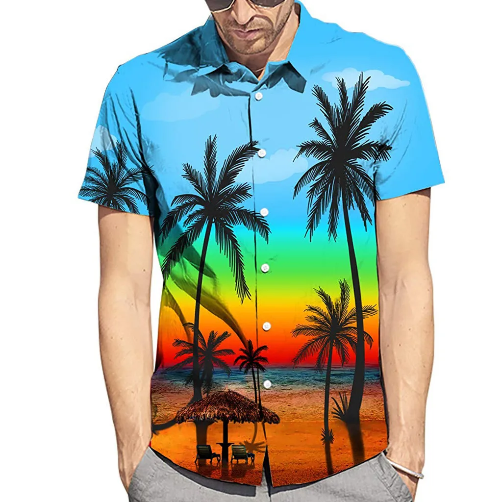 Мужская рубашка мужская летняя новая стильная мода кокосовое дерево Гавайский стиль с коротким рукавом рубашка - Цвет: Multicolor