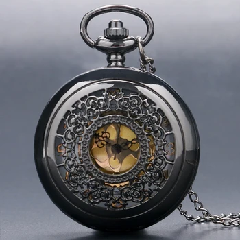 

Antique Steampunk Black Hlaf Hunter Stainless Steel Carving Quartz Pocket Watch Unisex Pendant Gift With Necklace Chain