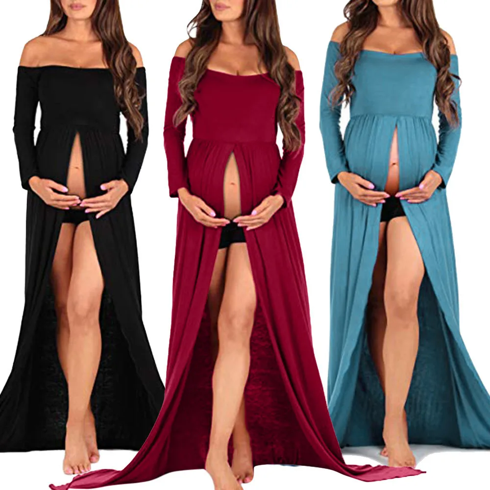 Для женщин с открытыми плечами Blackless средства ухода за кожей для будущих мам разделение платье длинными рукавами беременн