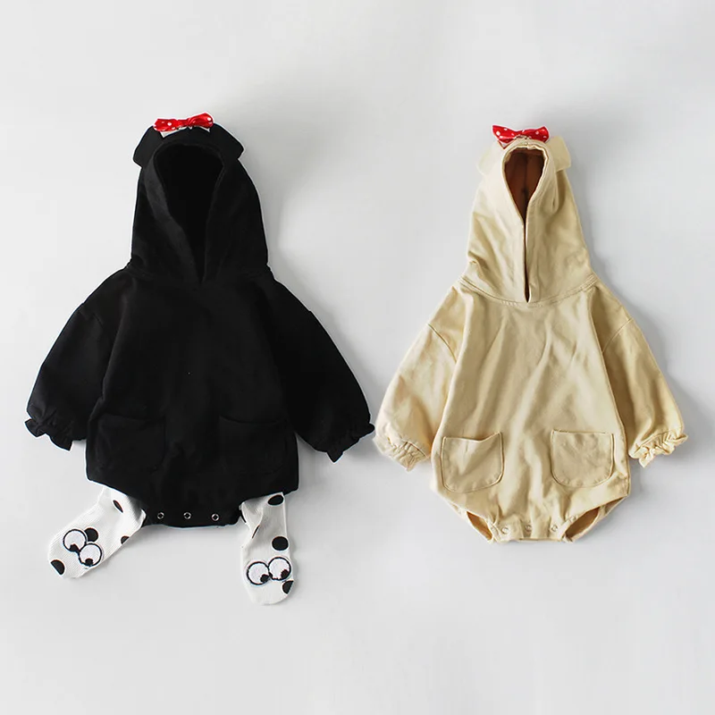 

2019 Newborn baby 100% cotton long sleeve hooded cute rompers infant kids cute bowknot casual One-Pieces jumpsuits 0-2Y