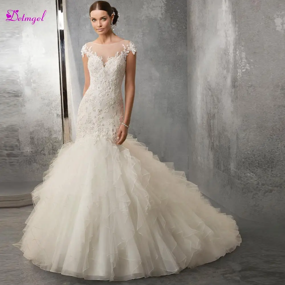 

Detmgel Elegant Cap Sleeve Appliques Scoop Neck Mermaid Wedding Dresses 2019 Luxury Beaded Backless Trumpet Bride Gown Plus Size