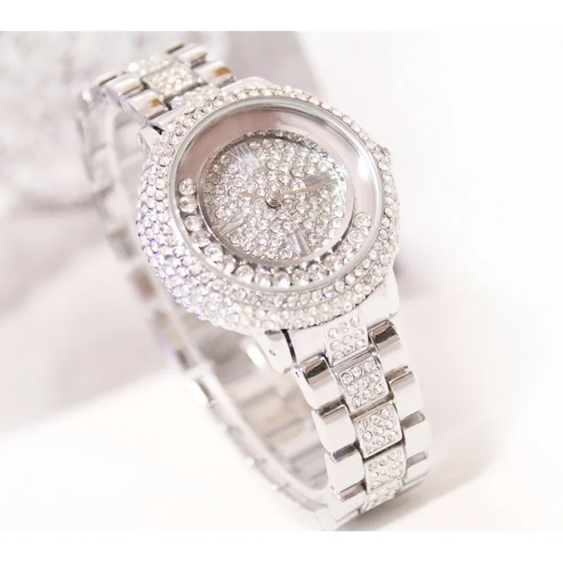 

Silver Full Rhinestone Ladies Quartz Watch High-end Custom Alloy Chain Watch Full Rhinestone Without Digital Large Dial Watch