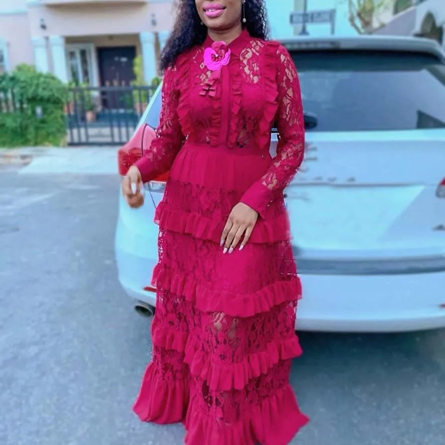 

2019 Women Lace Ruffles Long Dress High Waist Elegant Maxi Dress Women Sexy Dress