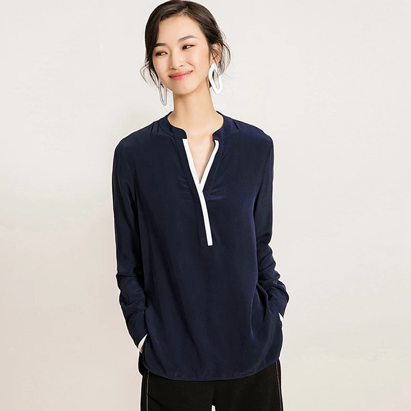  100% Silk Blouse Women Shirt Patchwork V Neck Long Sleeves Lightweight Fabric Casual Simple Top Ele