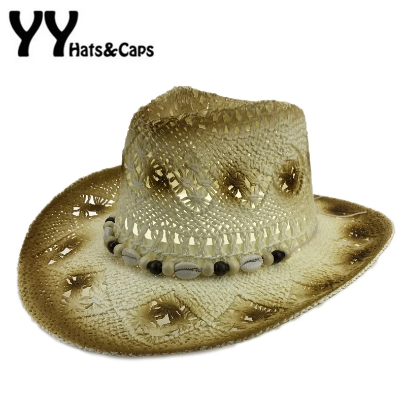 Straw Cowboy Hat Men Summer Beach Cap American Western Cowboy Women Hollow Sun Visor Hat