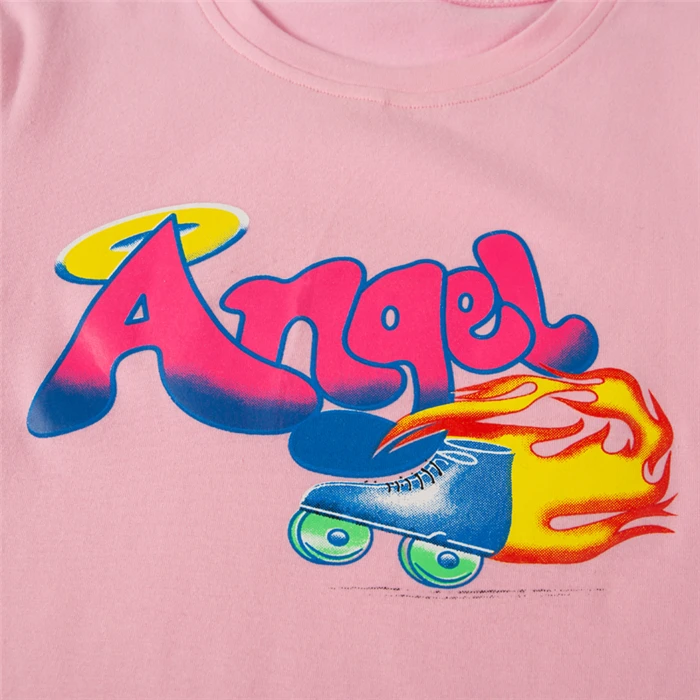 InstaHot Angel Printed Pink Short Sleeve T Shirts Women New Fashion Streetwear Sexy Cool Crop Tops Lady Tees Summer Style