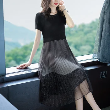 

Black Dresses Summer New Black Dresses Women's Wear Temperament Short Sleeve Medium-length A-shaped ISSEY dresses 109A67