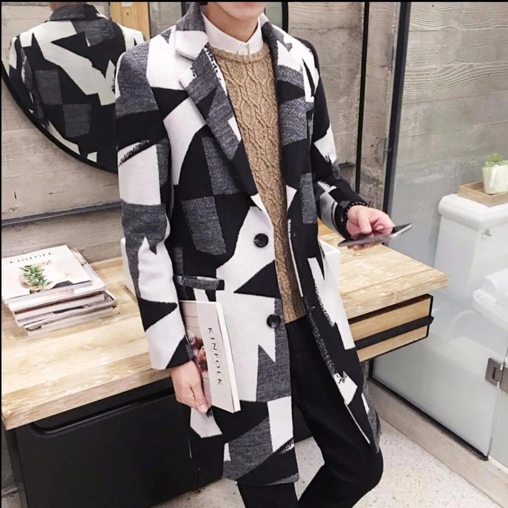 Корейская версия, новое зимнее мужское шерстяное пальто, длинный тонкий шерстяной Тренч, пальто с принтом, шерстяное пальто-жакет