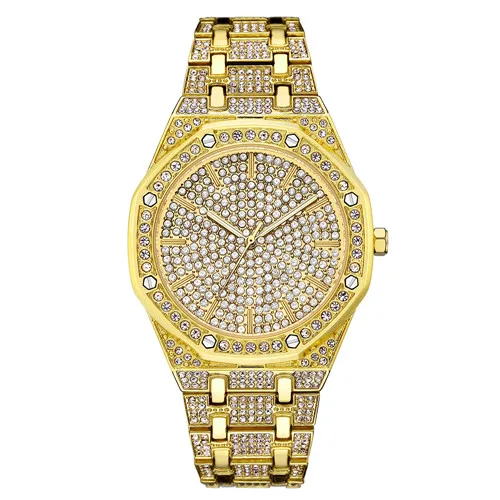 Топ Роскошные мужские часы для мужчин женщин платье часы модные серебряные кварцевые часы мужской большой циферблат Стразы Наручные часы Новинка reloj mujer - Цвет: Gold