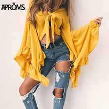 Aproms Sexy V Средства ухода за кожей шеи галстук-бабочку крест Топы корректирующие Для женщин Летняя черная футболка с длинным рукавом Растениеводство Топ Дамы укороченные футболка Femme 40757